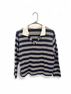 Navy & Cream Striped Long Sleeve Polo Korean brand - size small